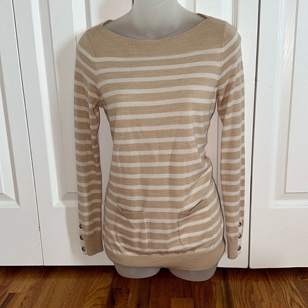 The Loft Ann Taylor Beige Tan White Striped Cardigan Shirt Top Blouse Small S